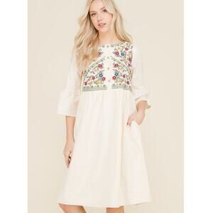 Polagram Dress Floral Embroidered Midi M Cream Cotton Bell 3/4 Sleeves Bohemian